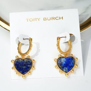 Tory Burch Gold Huggie Studded Heart Drop in Semiprecious Lapis (NEW)